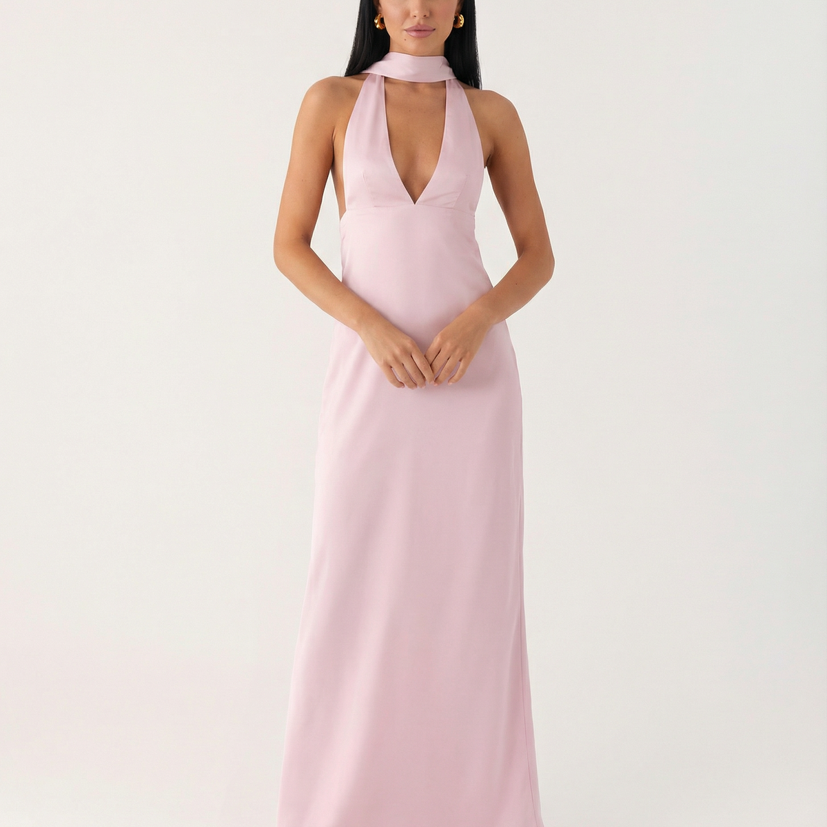 Jayne | Low V Neck Cowl Back Satin Halter Maxi Dress