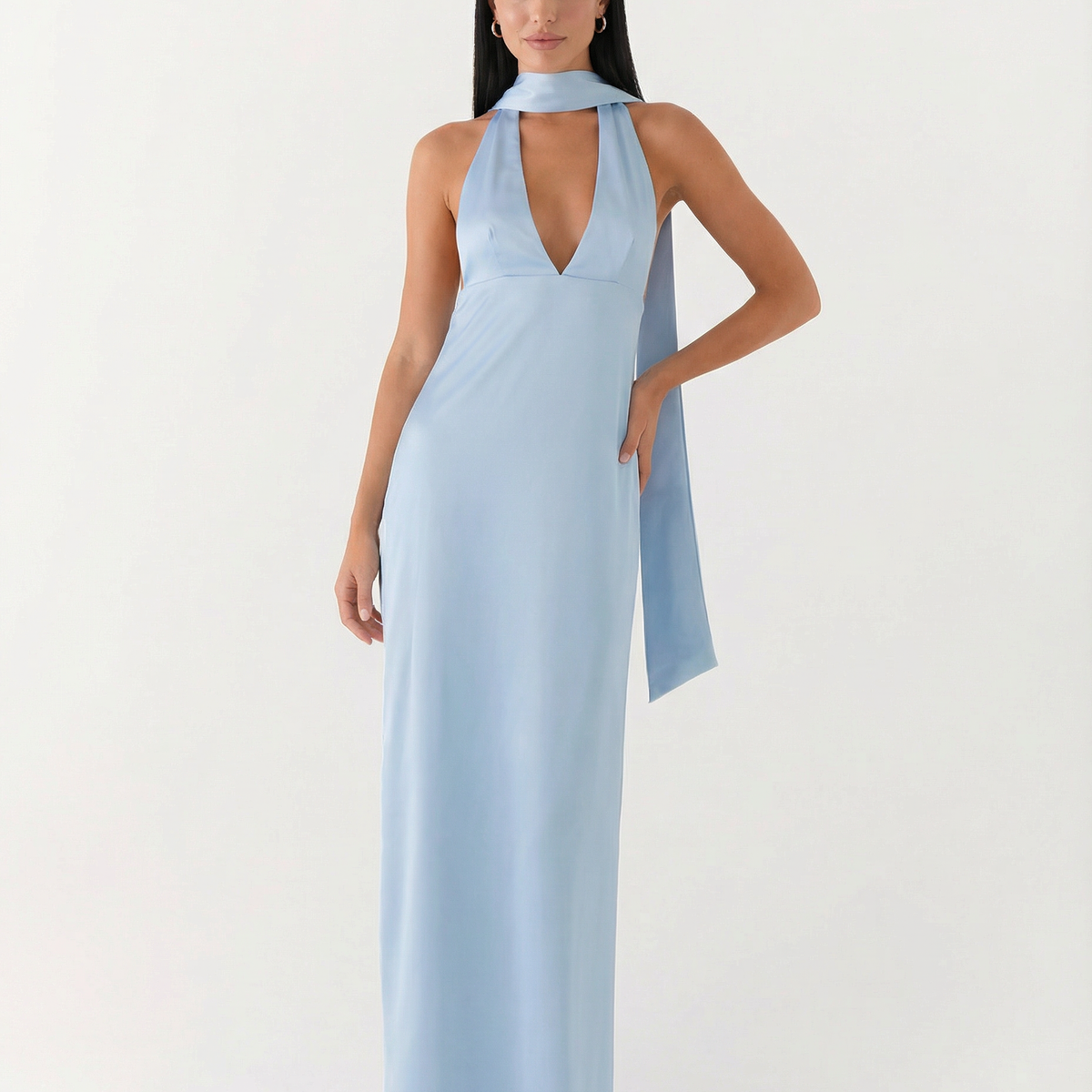 Jayne | Low V Neck Cowl Back Satin Halter Maxi Dress