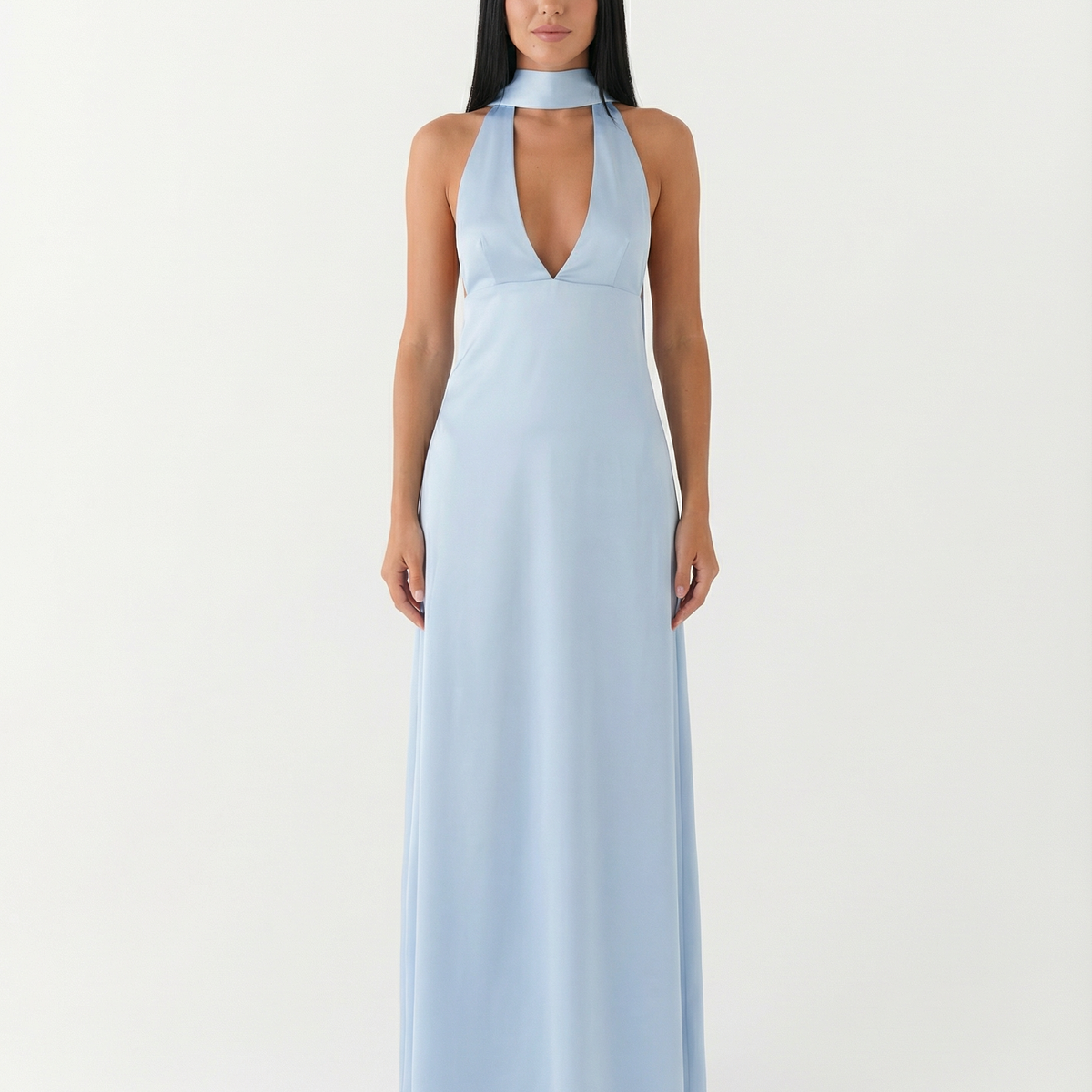 Jayne | Low V Neck Cowl Back Satin Halter Maxi Dress