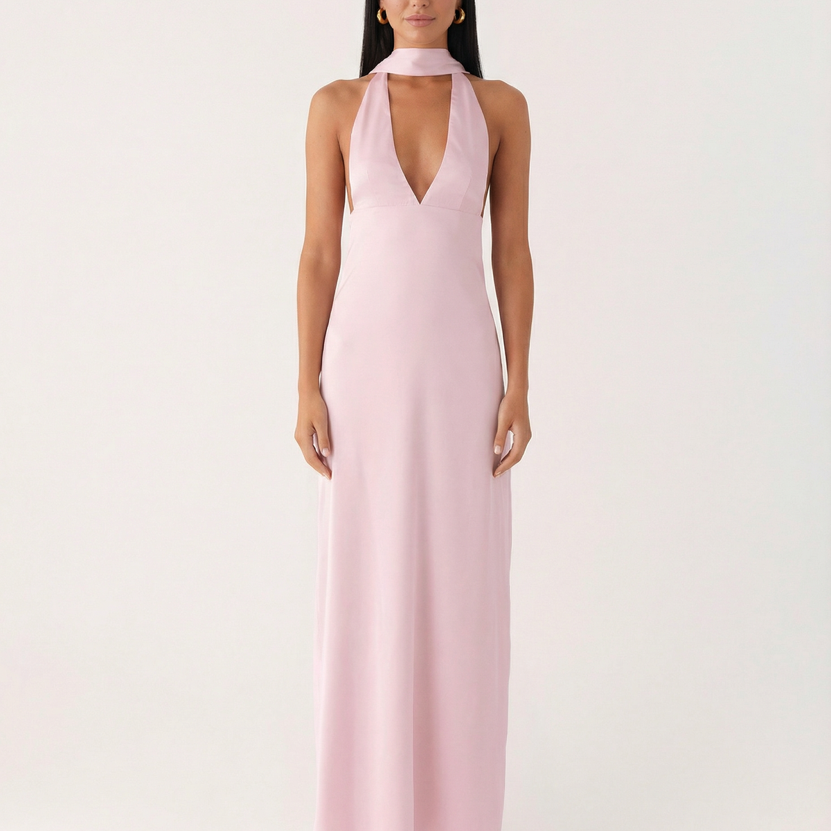 Jayne | Low V Neck Cowl Back Satin Halter Maxi Dress