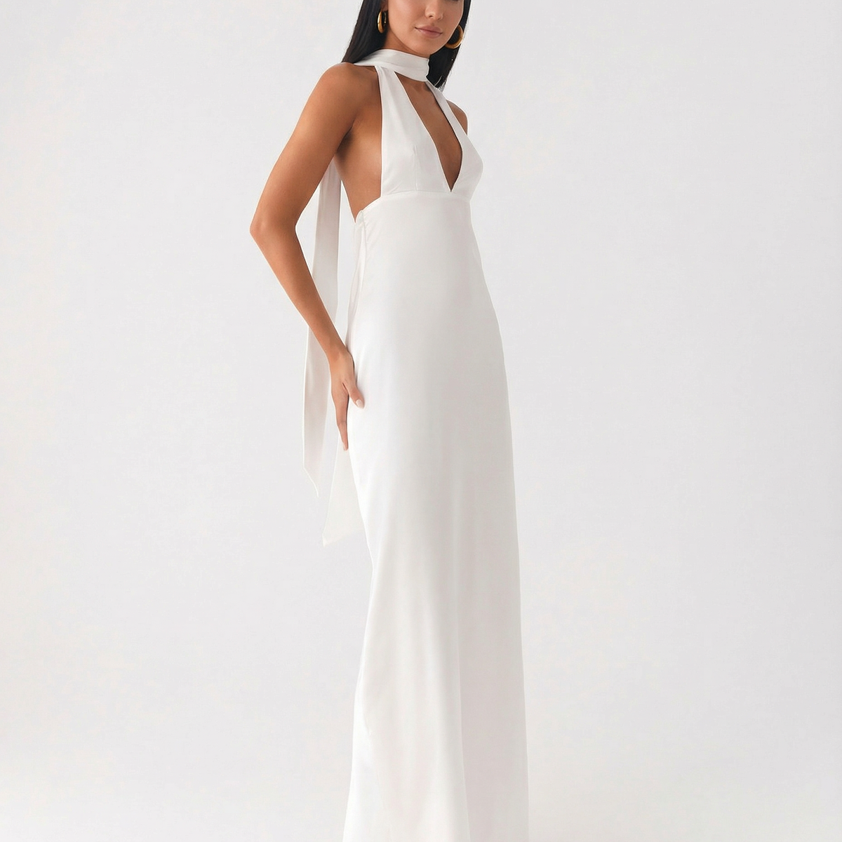 Jayne | Low V Neck Cowl Back Satin Halter Maxi Dress