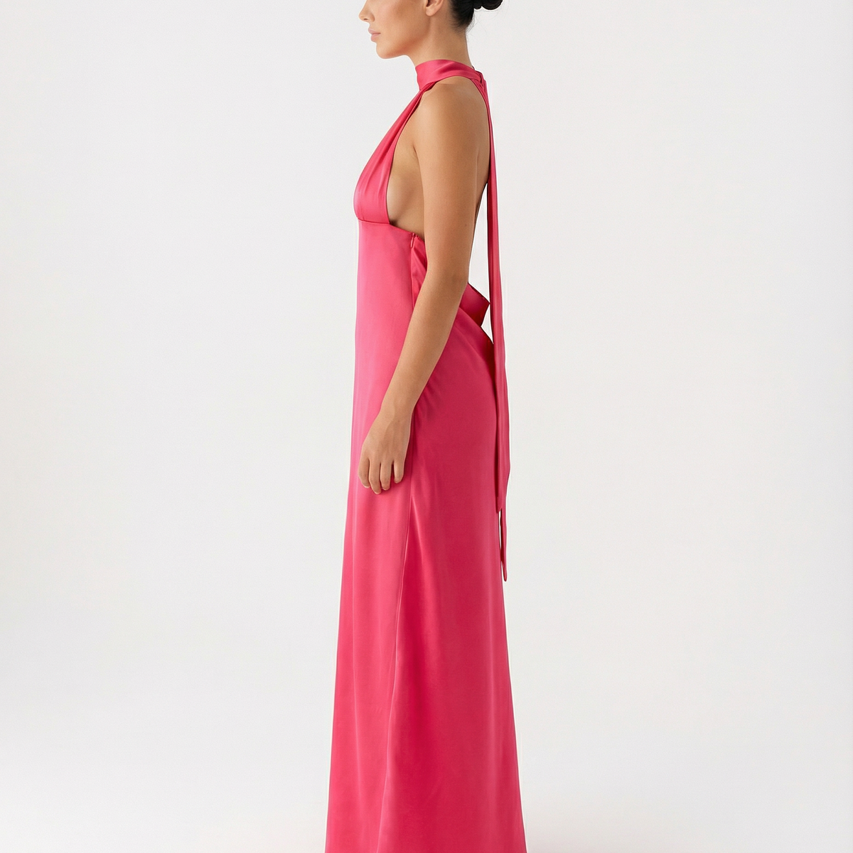Jayne | Low V Neck Cowl Back Satin Halter Maxi Dress