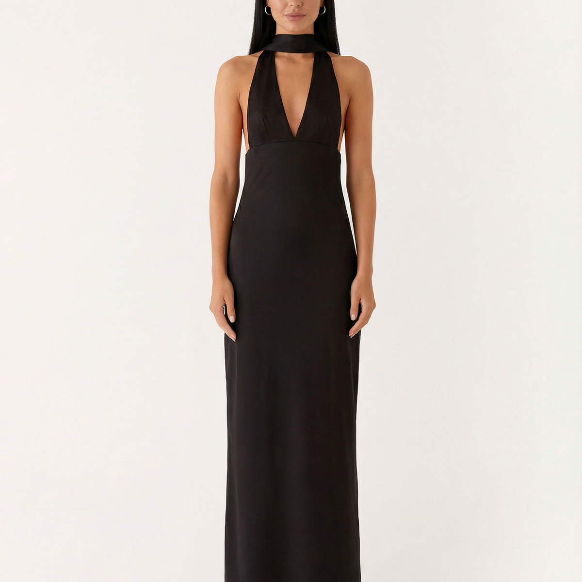 Jayne | Low V Neck Cowl Back Satin Halter Maxi Dress