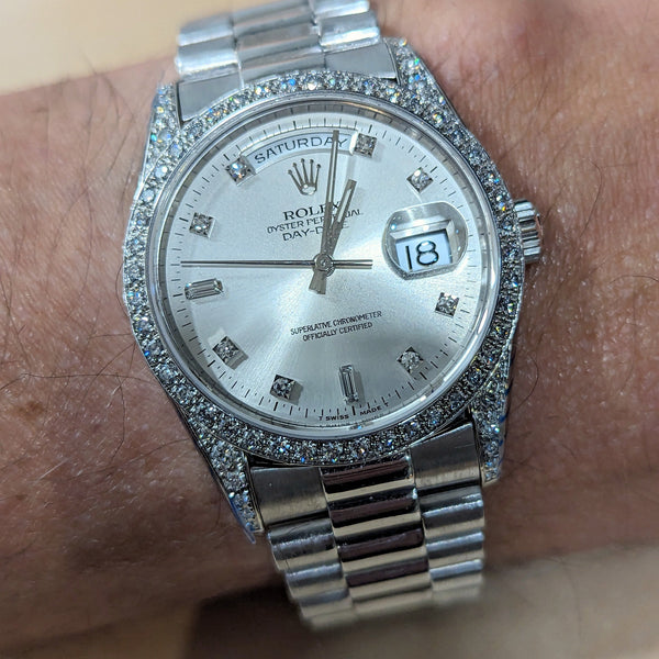 18k W Gold Rolex Day-Date Wristwatch, all factory Diamonds, RARE Ref. 18389