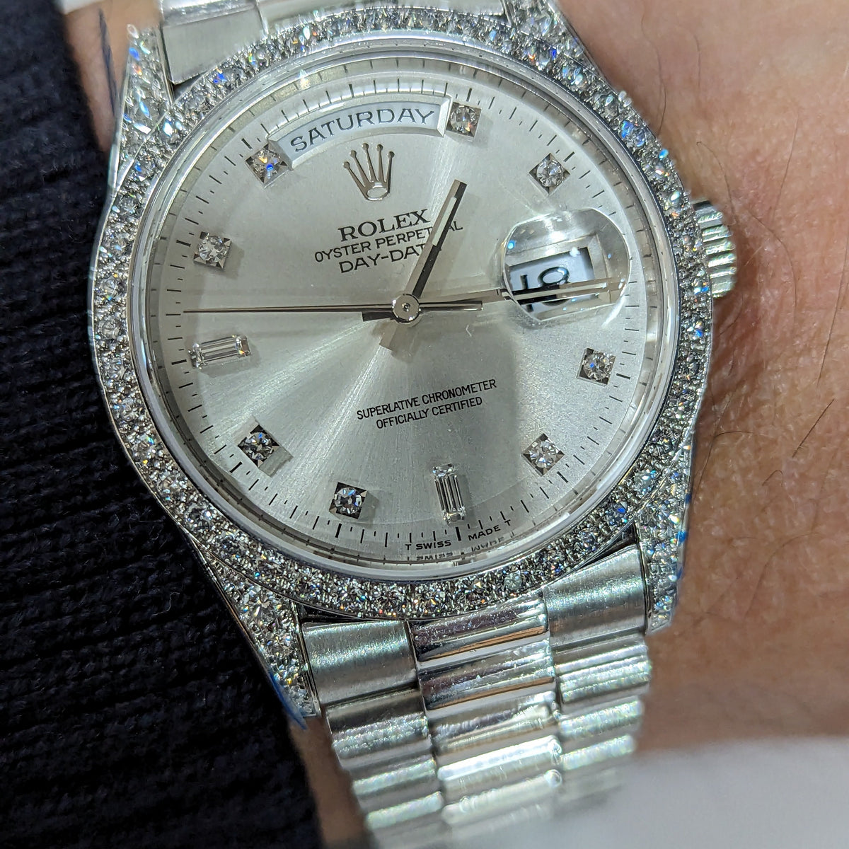 18k W Gold Rolex Day-Date Wristwatch, all factory Diamonds, RARE Ref. 18389