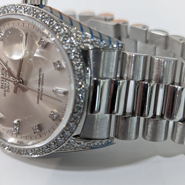 18k W Gold Rolex Day-Date Wristwatch, all factory Diamonds, RARE Ref. 18389
