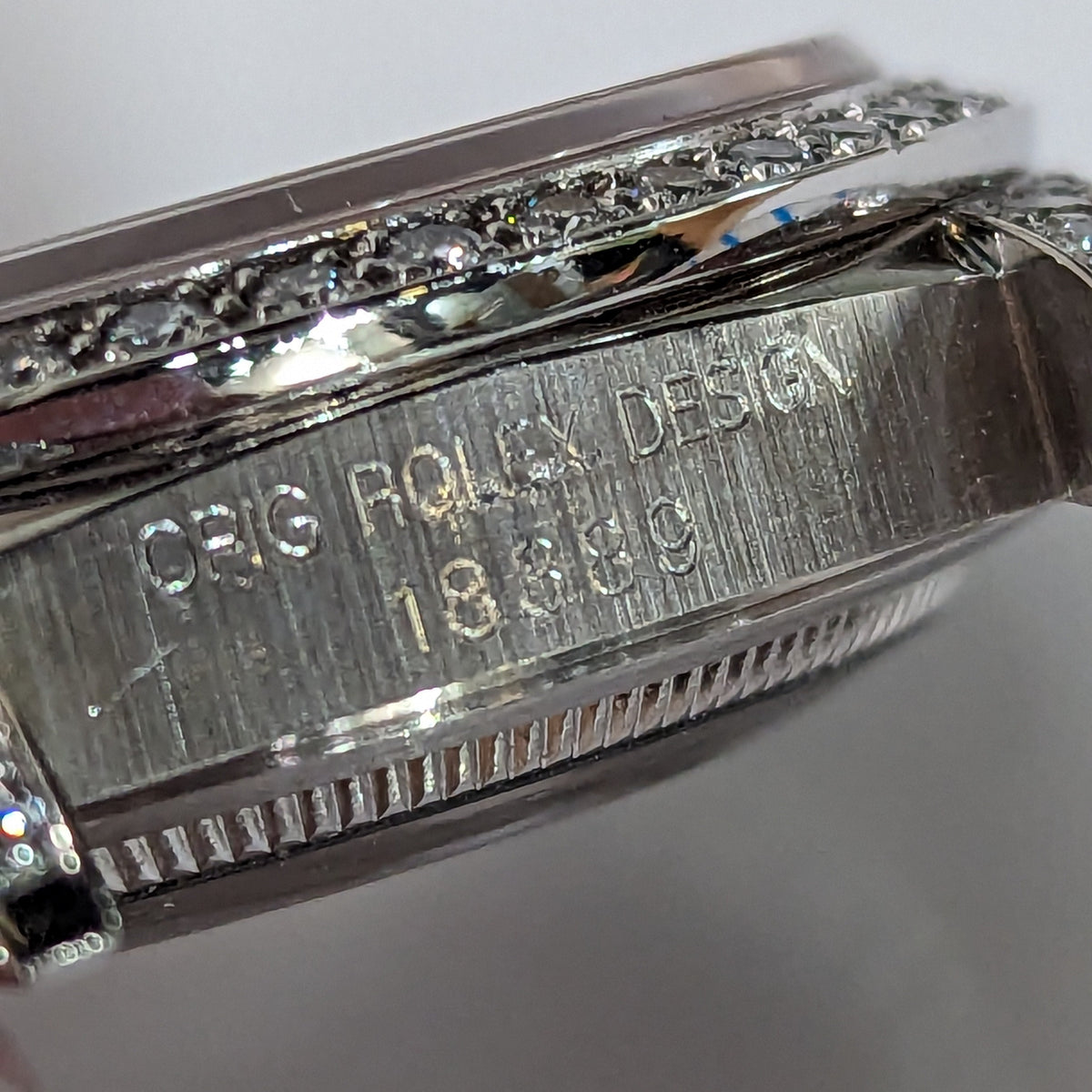 18k W Gold Rolex Day-Date Wristwatch, all factory Diamonds, RARE Ref. 18389