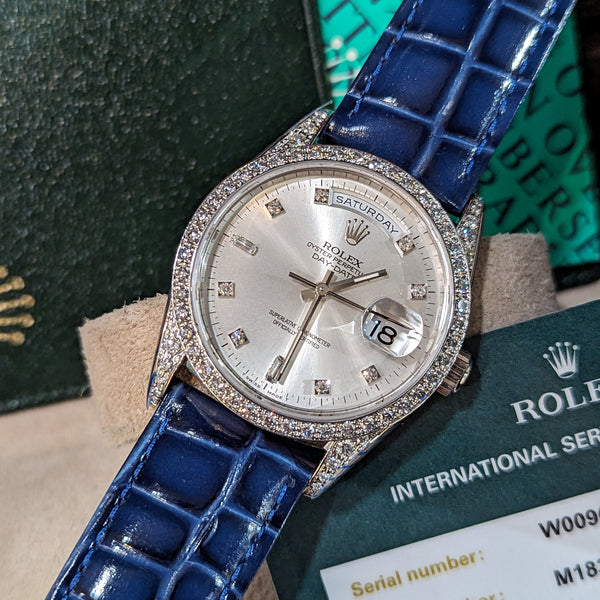18k W Gold Rolex Day-Date Wristwatch, all factory Diamonds, RARE Ref. 18389
