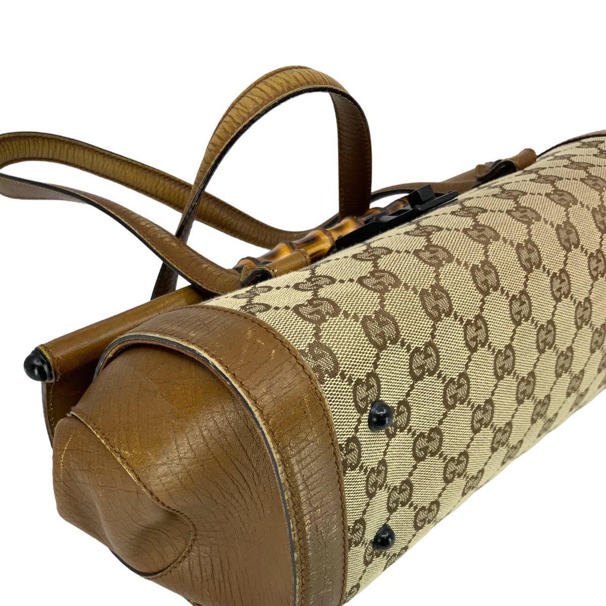 Gucci Monogram GG Canvas Leather Bamboo Bullet Bag