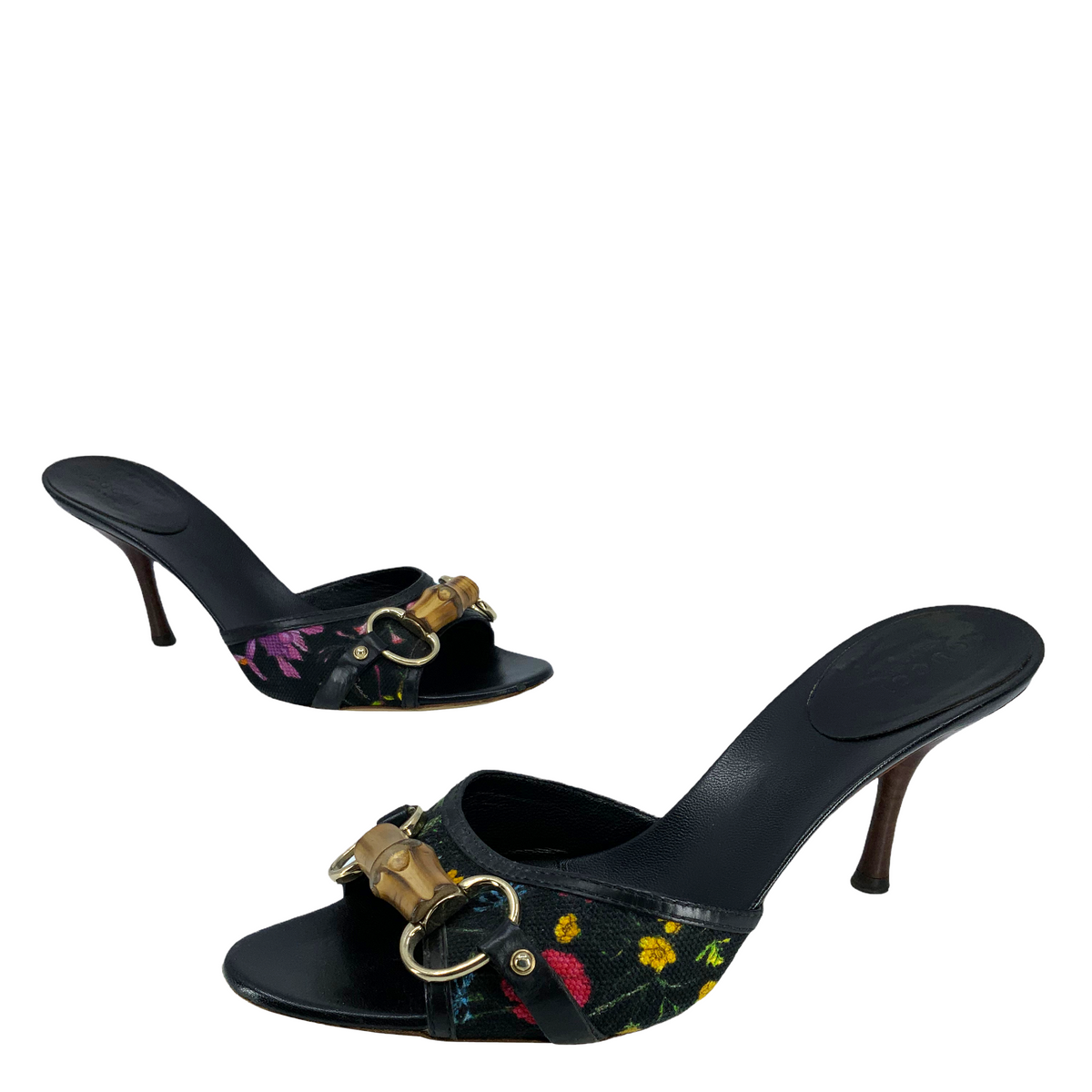 Gucci Canvas Floral Bamboo Horsebit Sandals Size 7