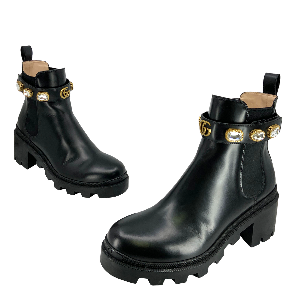 Gucci GG Logo Jewel Trip Strap Chelsea Boots Size 8