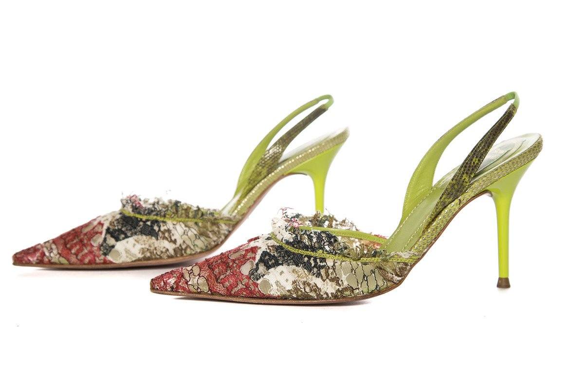 Rene Caovilla Green & Multi Color Lace Slingback Heels SZ 38
