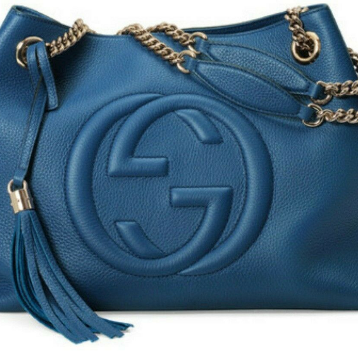 Gucci Soho BLUE Caspian Gold Double Chain Hobo Leather Shoulder Bag Italy NEW
