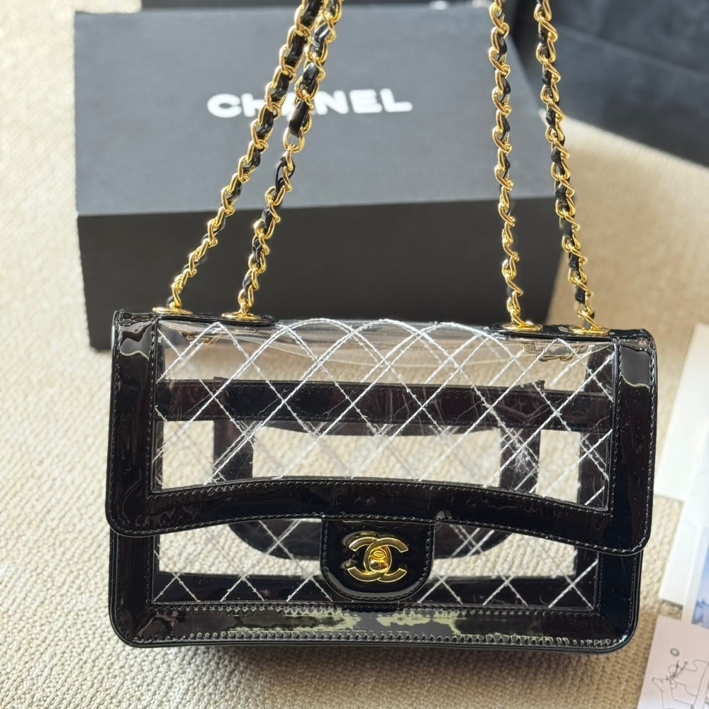 CC FLAP BAG CLEAR VINYL AND LEATHER BLACK 26CM
