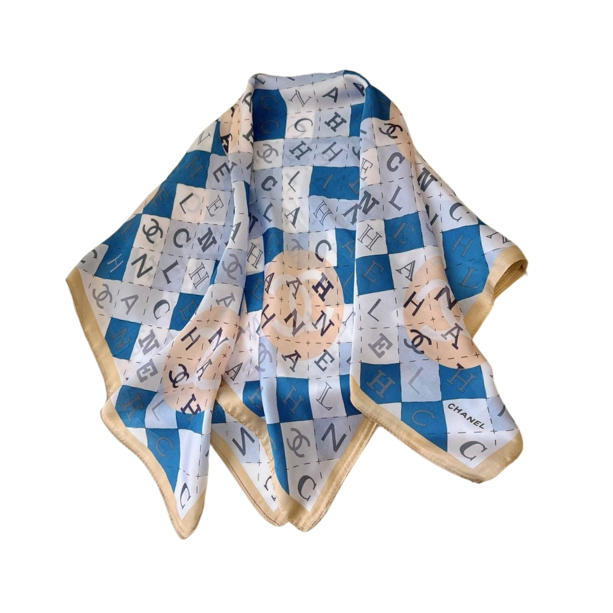 CC GEOMETRIC CC SILK SCARF BLUE AND BEIGE 70CM