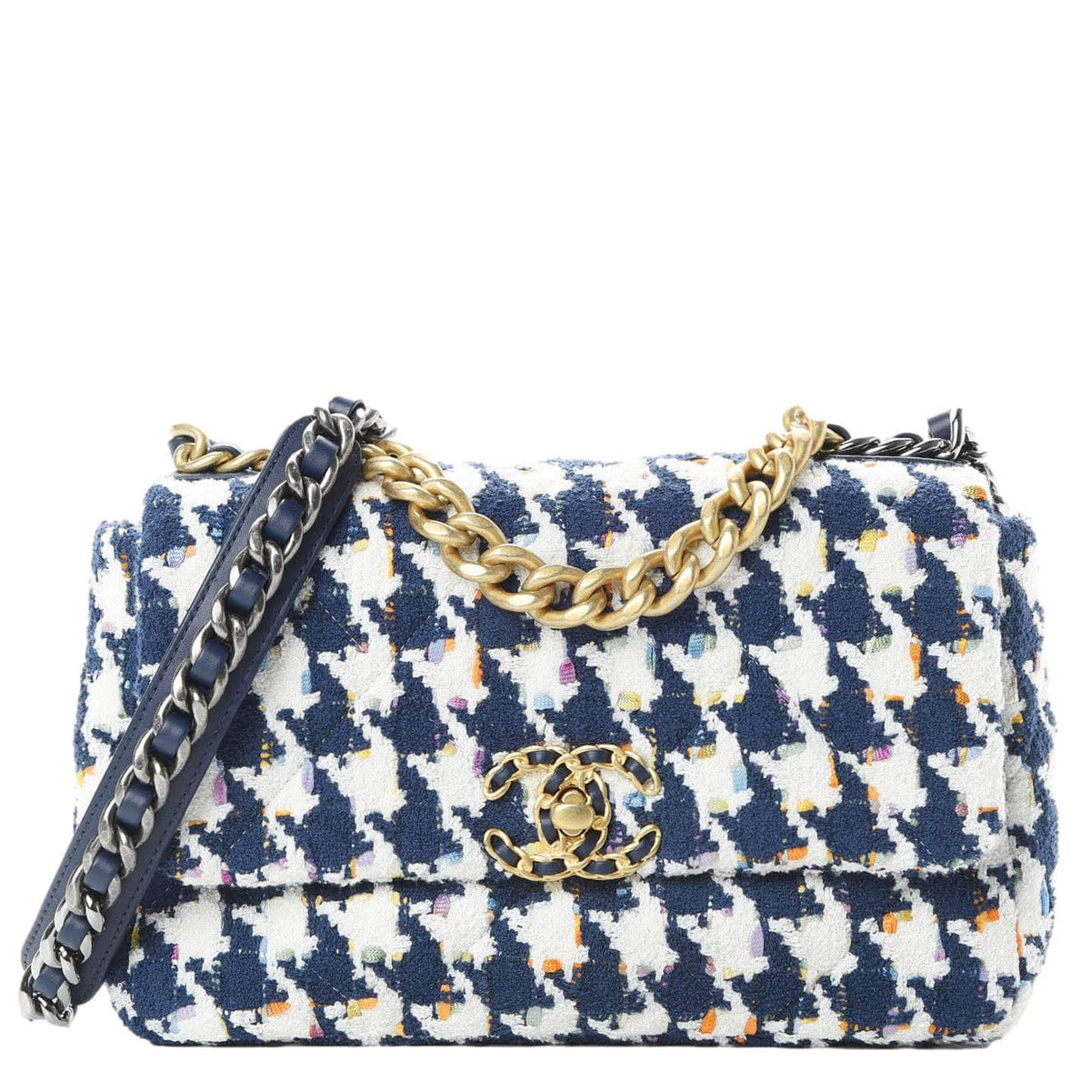 Chanel 19 Flap Medium Quilted Tweed Hobo Bag Navy Blue