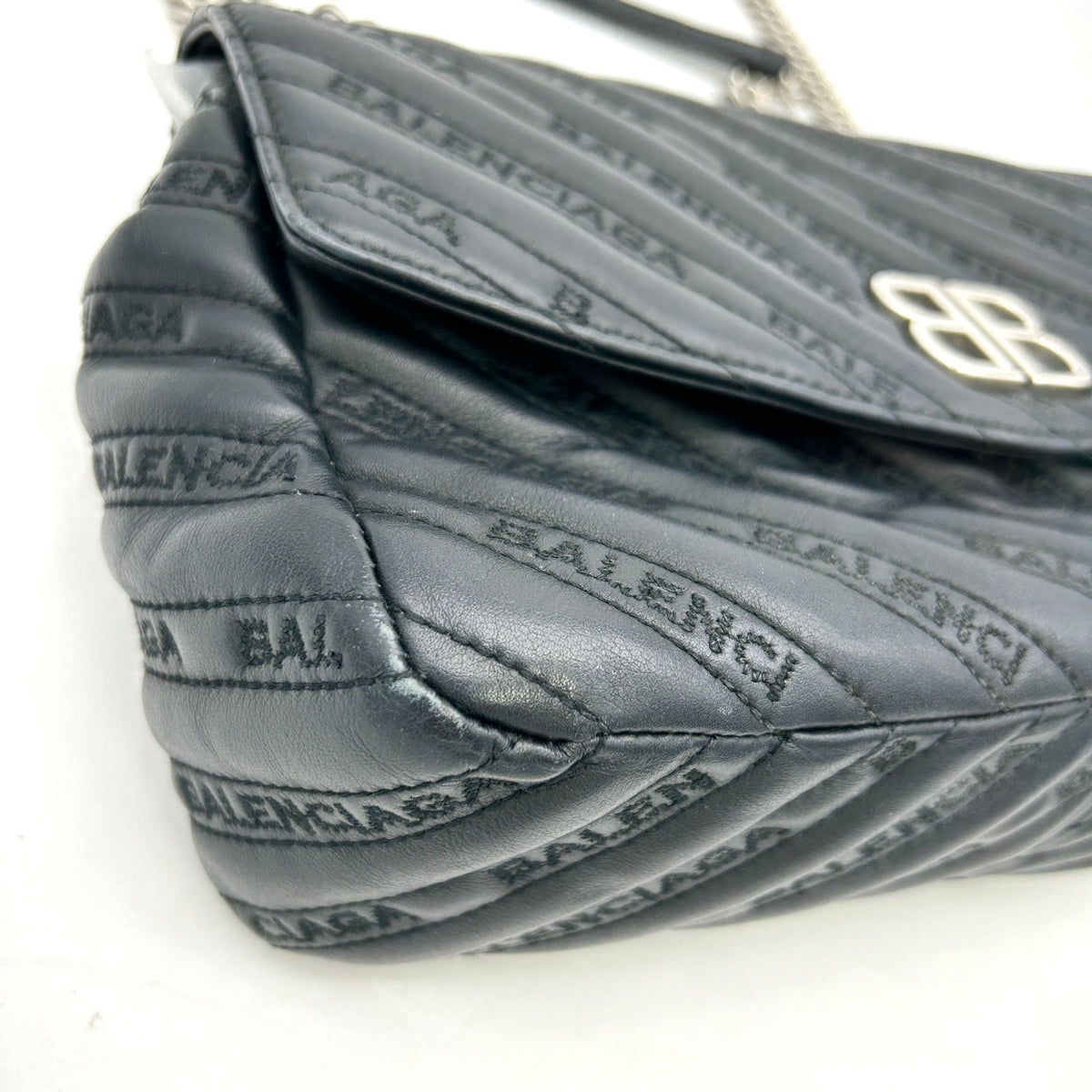 balenciaga Calfskin Logo Matelasse S BB Round Shoulder Bag Black LA43555