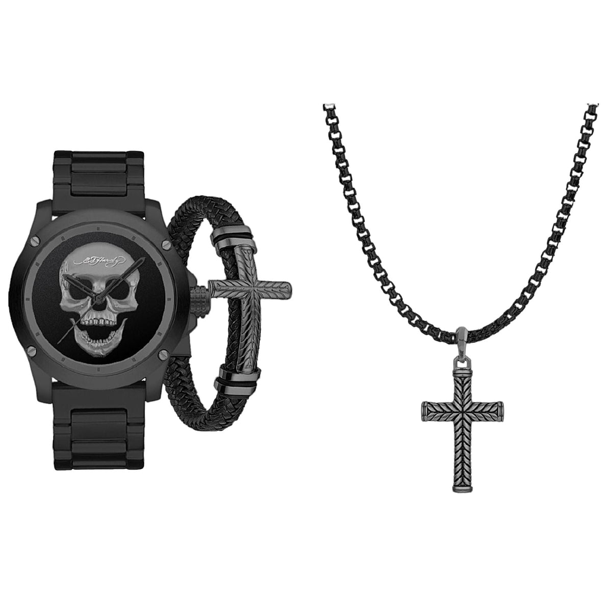 Ed Hardy Men's Matte Black Metal Bracelet Watch 46mm Gift Set