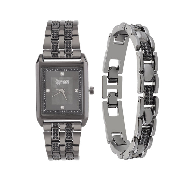 American Exchange Mens Black Watch & Bracelet Set