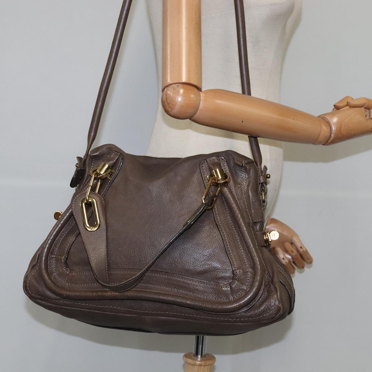 Chloe Paraty Hand Bag Leather 2way Brown Gold am7340