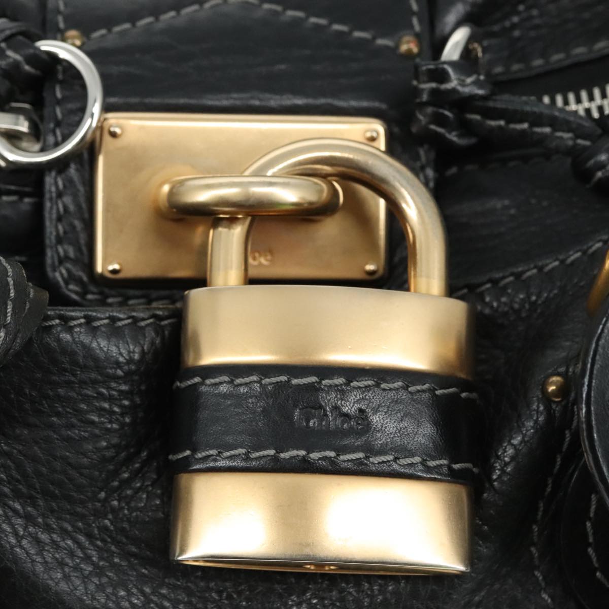 Chloe Paddington Hand Bag Leather Black Gold Silver am7480