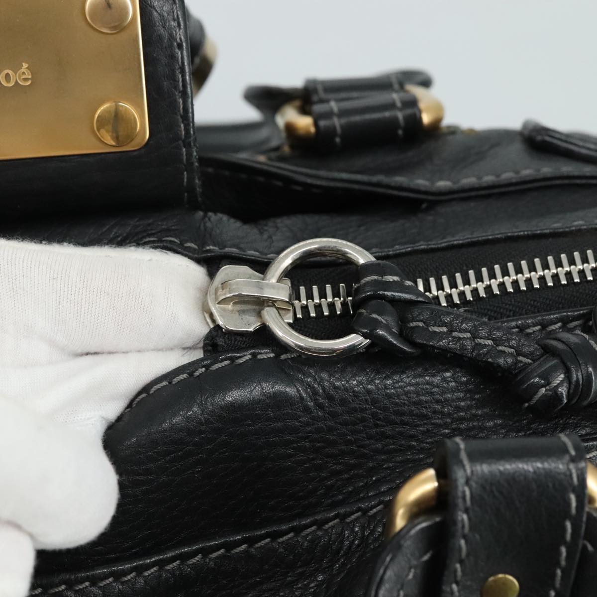 Chloe Paddington Hand Bag Leather Black Gold Silver am7480