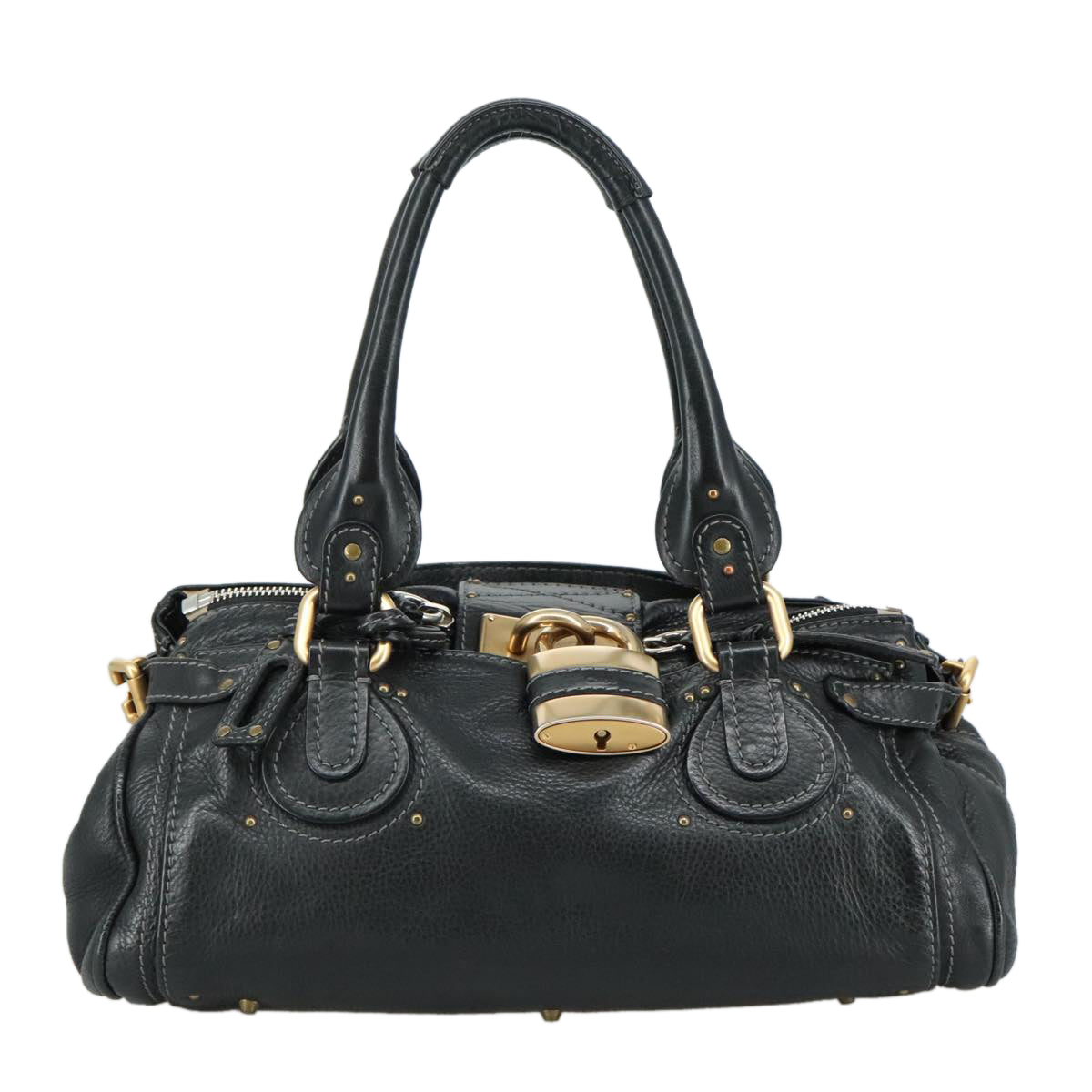 Chloe Paddington Hand Bag Leather Black Gold Silver am7480