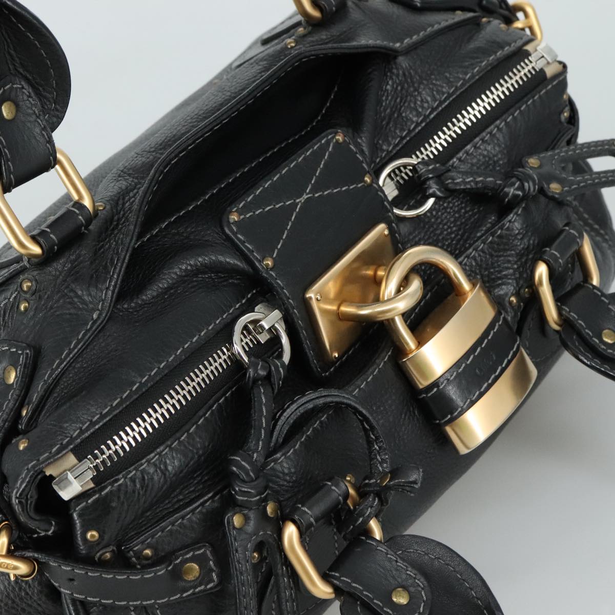 Chloe Paddington Hand Bag Leather Black Gold Silver am7480