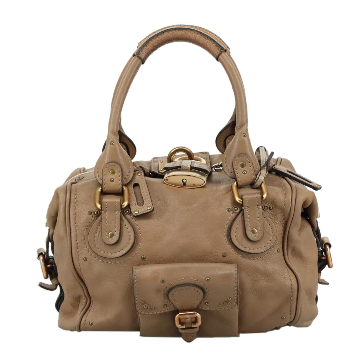 Chloe Paddington Hand Bag Leather Beige Gold Silver am7508