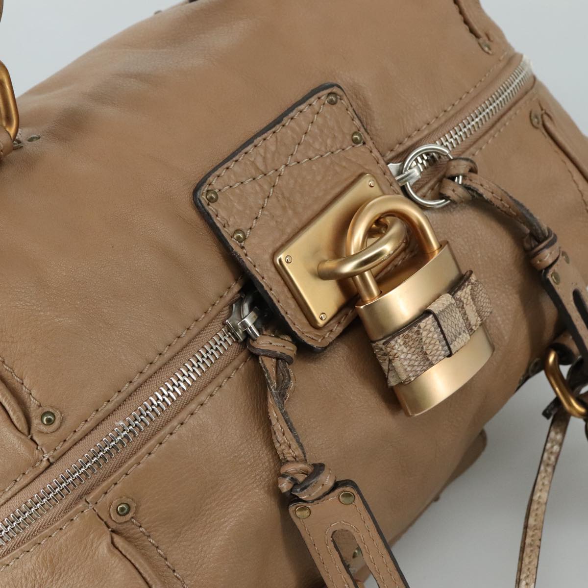 Chloe Paddington Hand Bag Leather Beige Gold Silver am7508