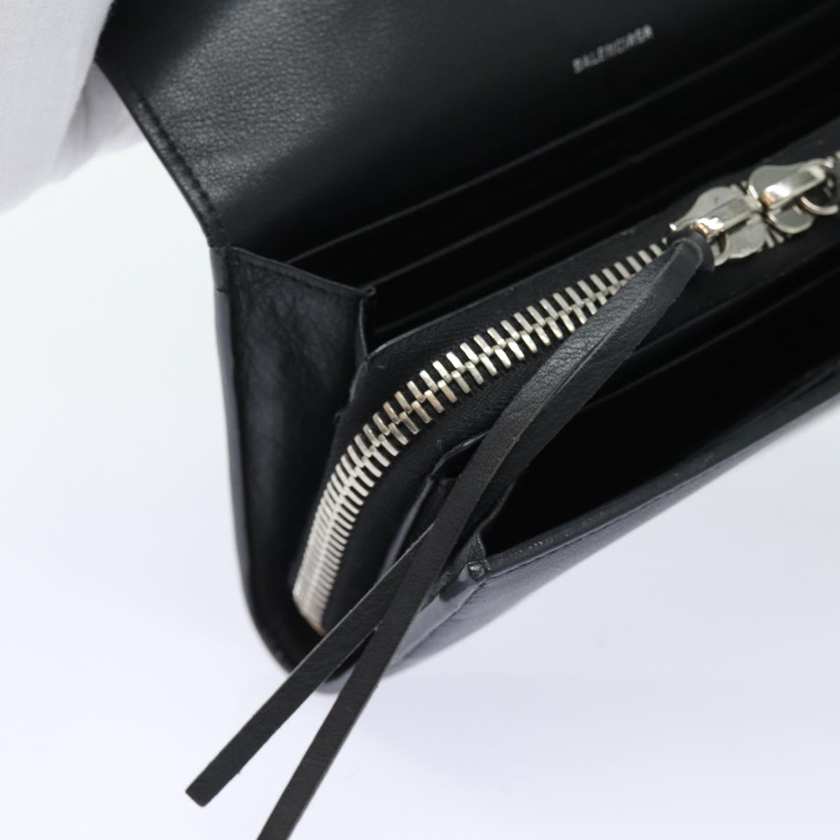 balenciaga Paper Manny Long Wallet Leather Black Silver 371661 Auth ar12342