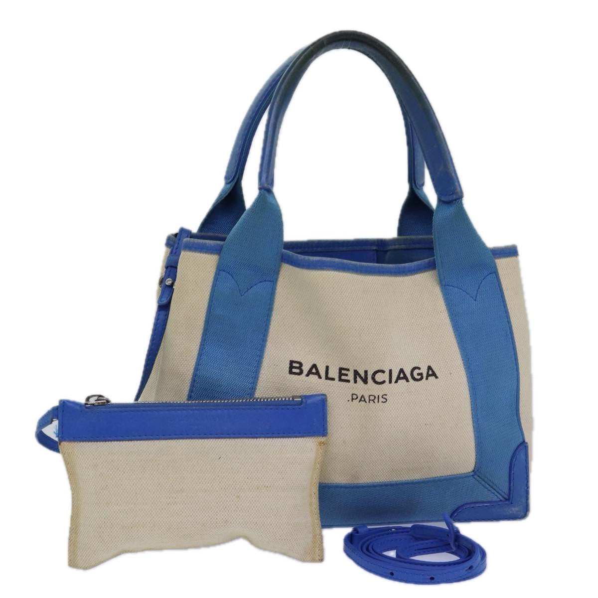 balenciaga Navy Kabas XS Bag Canvas Leather 2way Blue Silver 390346 Auth ar12352