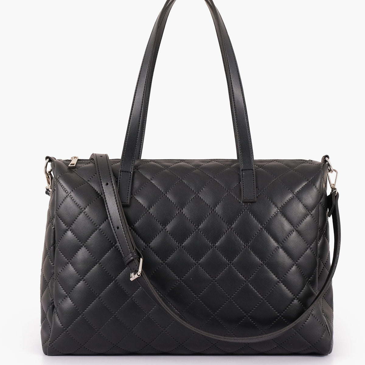 Black quilted carryall tote bag