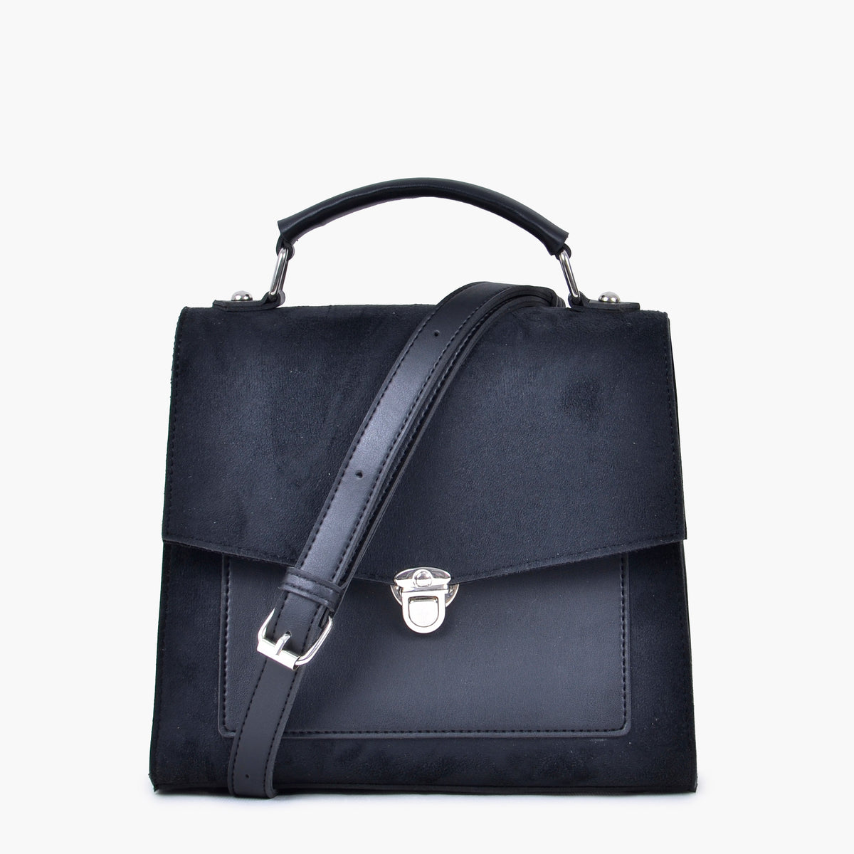 Black suede push-lock messenger bag