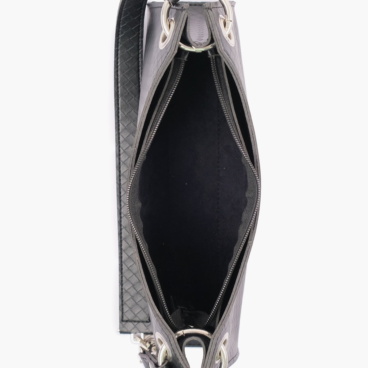 Black weaved elongated chain handle purse
