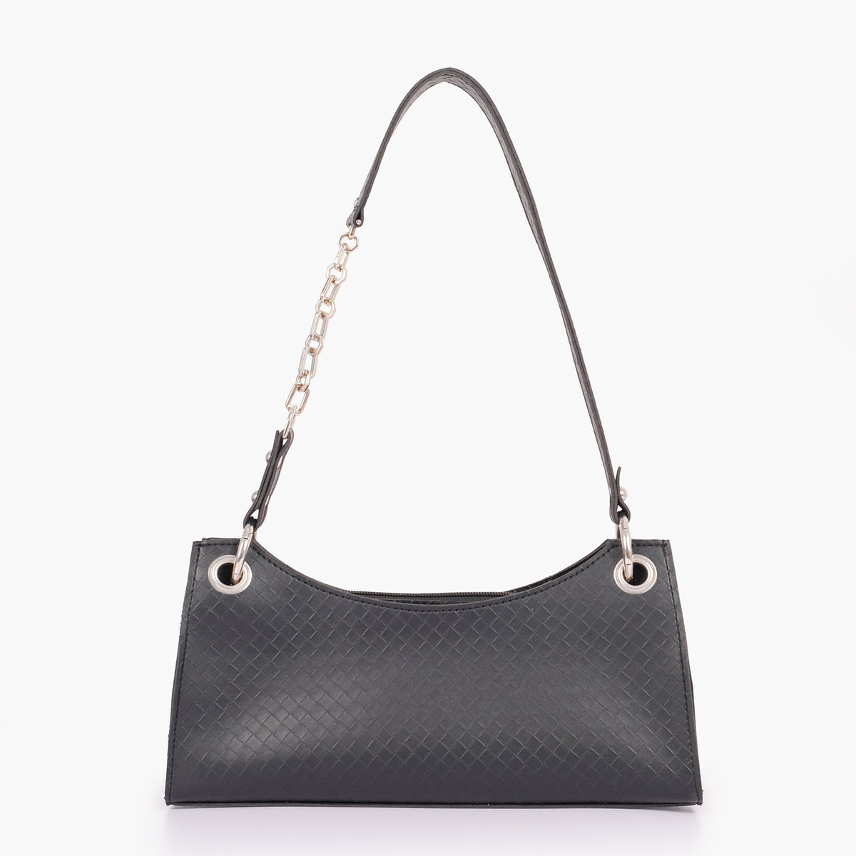 Black weaved elongated chain handle purse