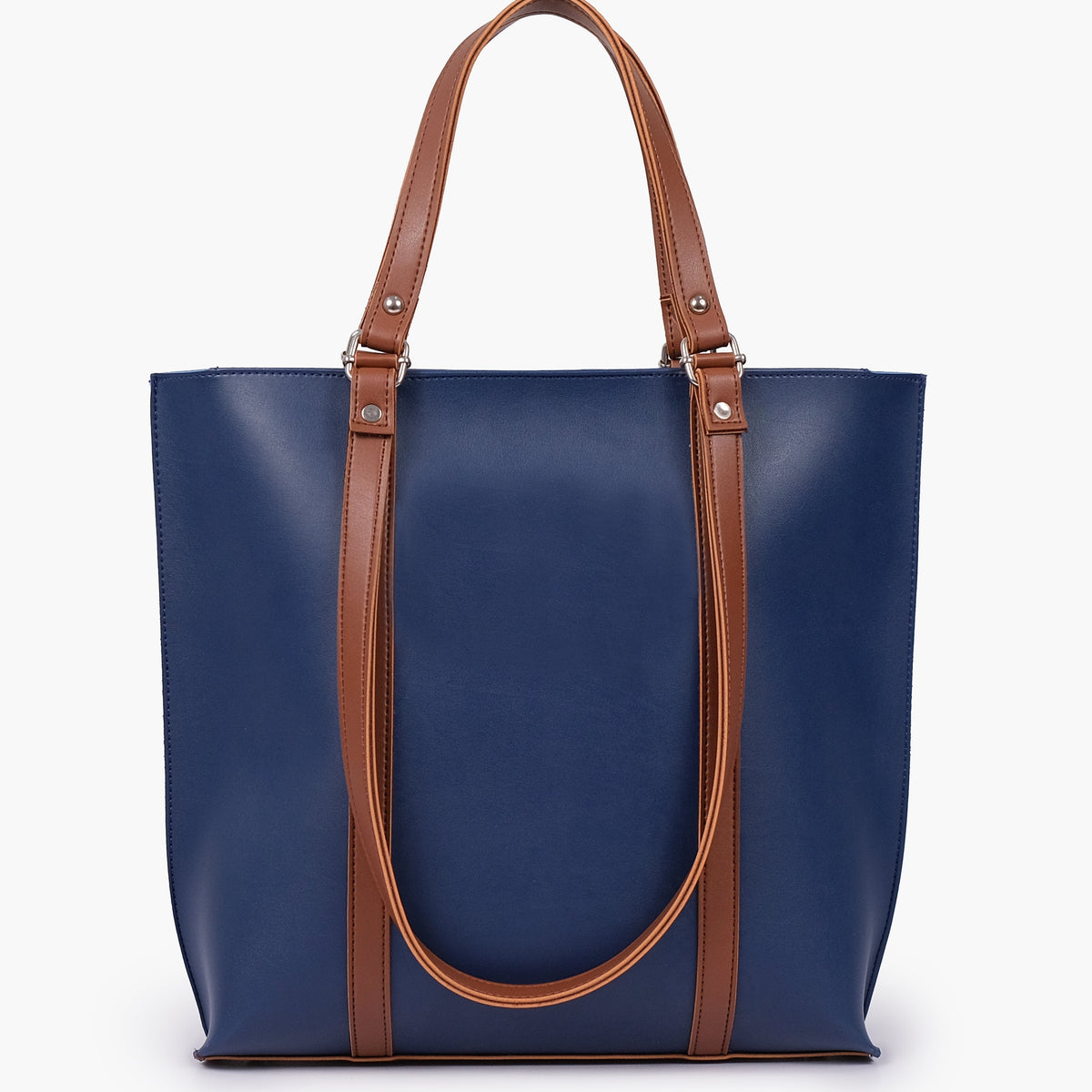 Blue and brown double-handle tote bag