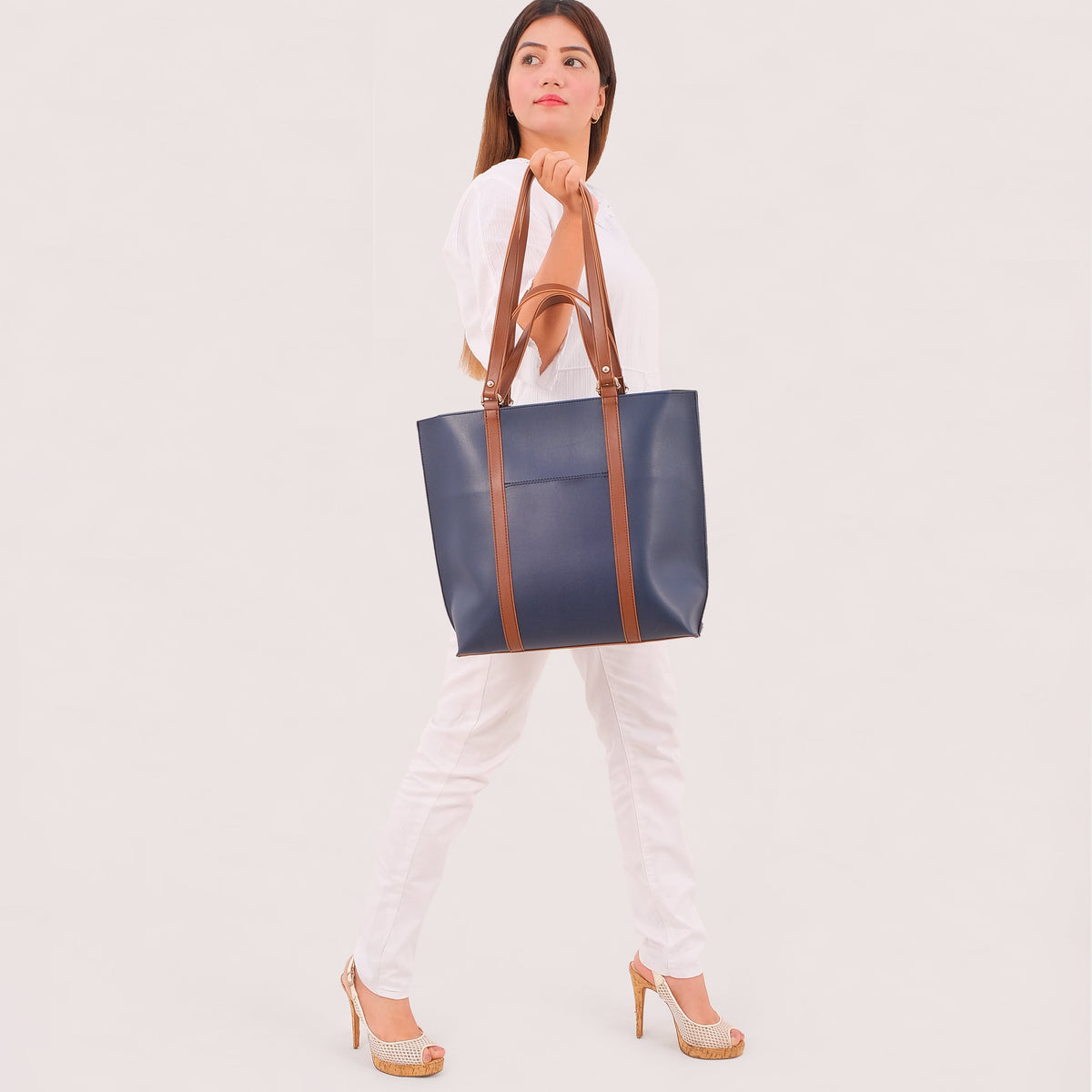 Blue and brown double-handle tote bag