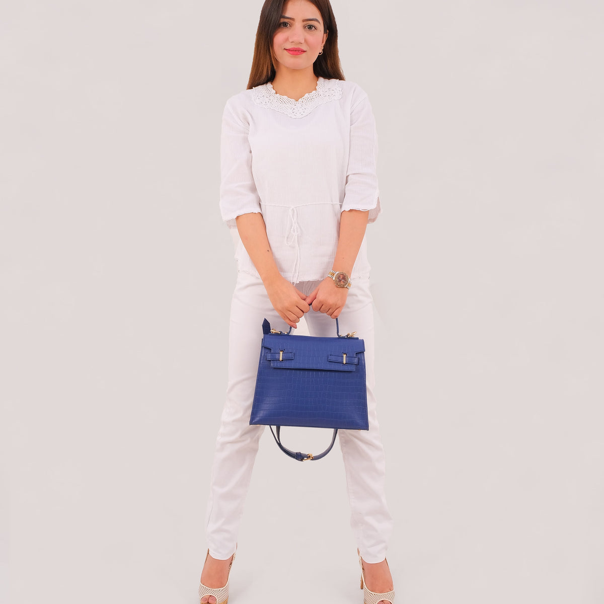 Blue top-handle crocodile mini bag