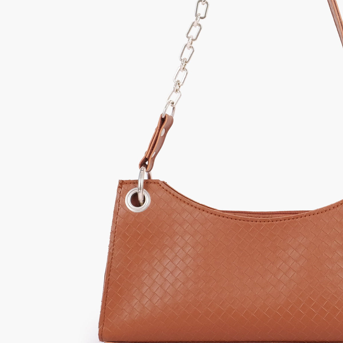 Brown weaved elongated chain handle purse