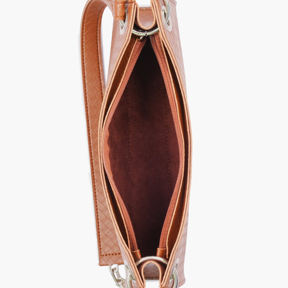 Brown weaved elongated chain handle purse