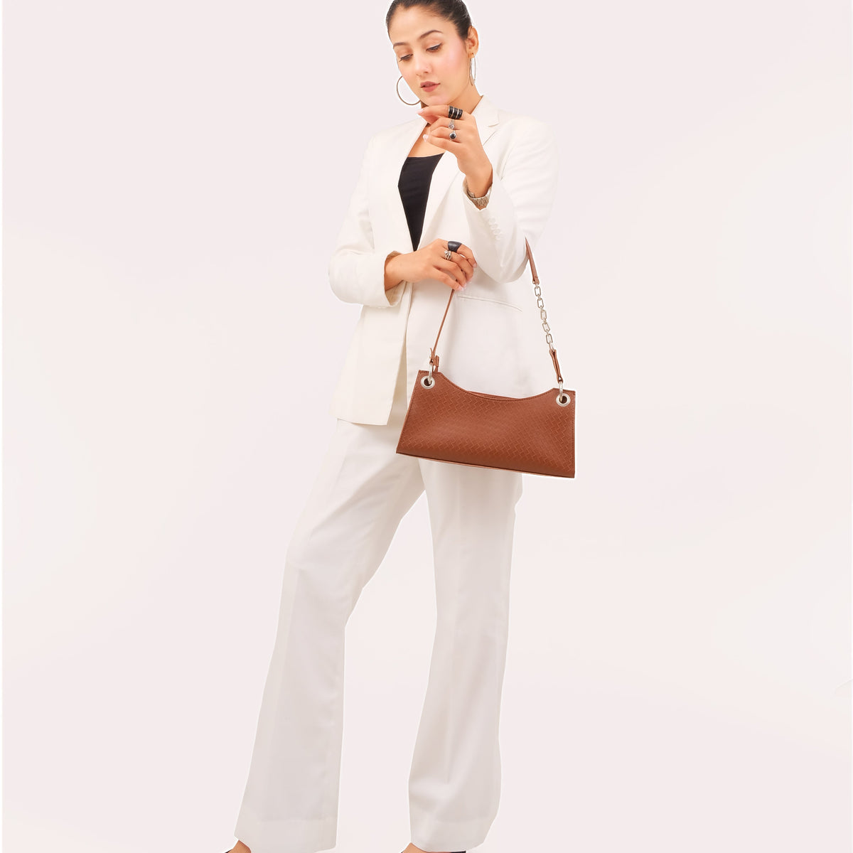 Brown weaved elongated chain handle purse