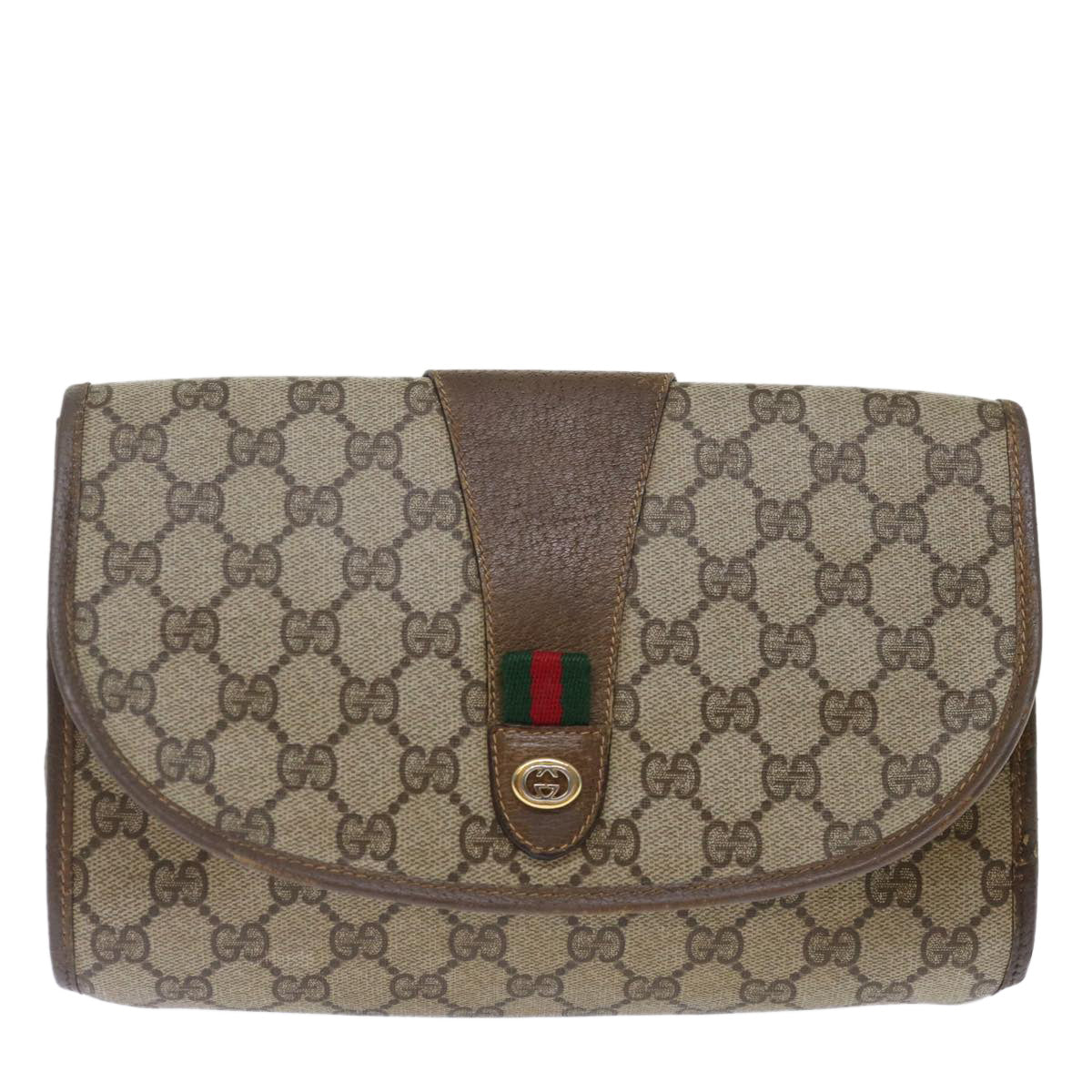 GUCCI GG Supreme Web Sherry Line Clutch Bag Beige Green 89 01 030 Auth bs13591