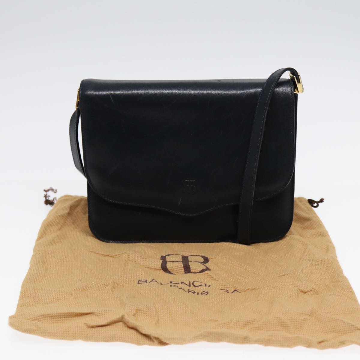 balenciaga Shoulder Bag Leather Navy Gold Auth bs17168