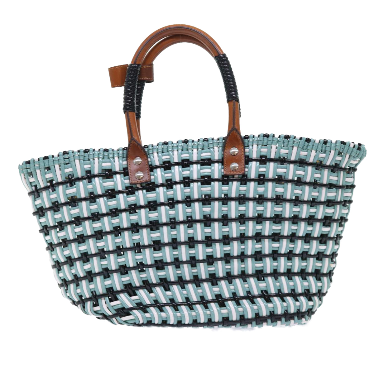 balenciaga Tote Bag Leather Light Blue Black White Auth bs7863