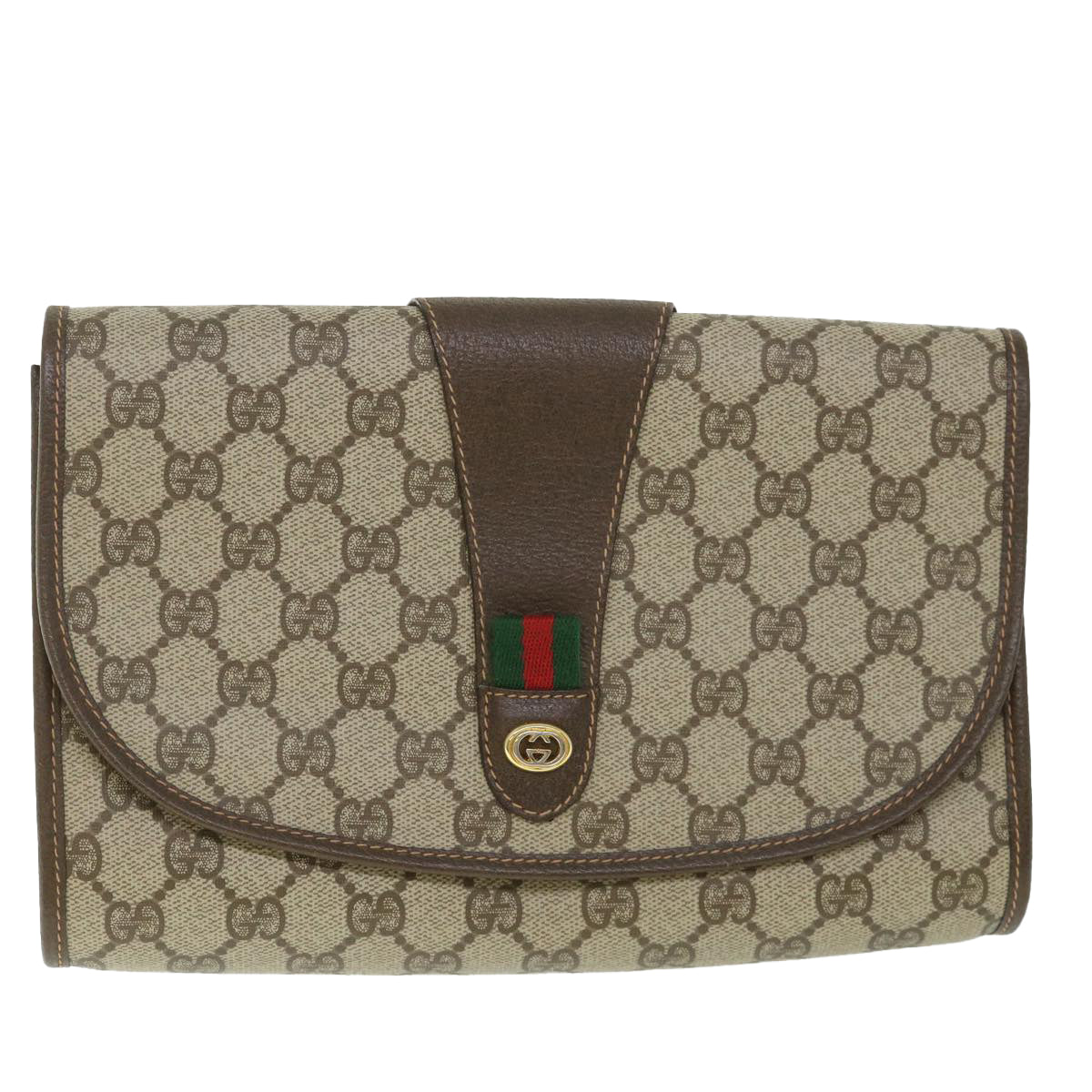 GUCCI Gg Supreme Web Sherry Line Clutch Bag Beige Red 156 01 030 Auth Bs8747