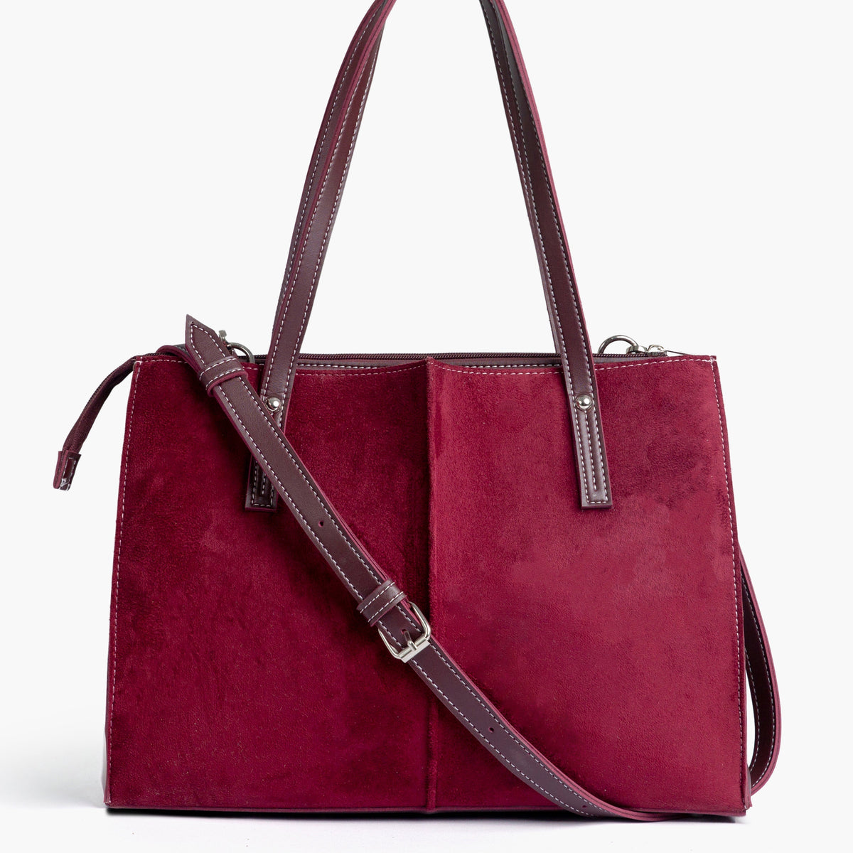 Burgundy suede work tote bag