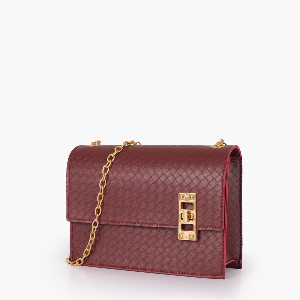 Burgundy weaved chain shoulder bag with twist lock