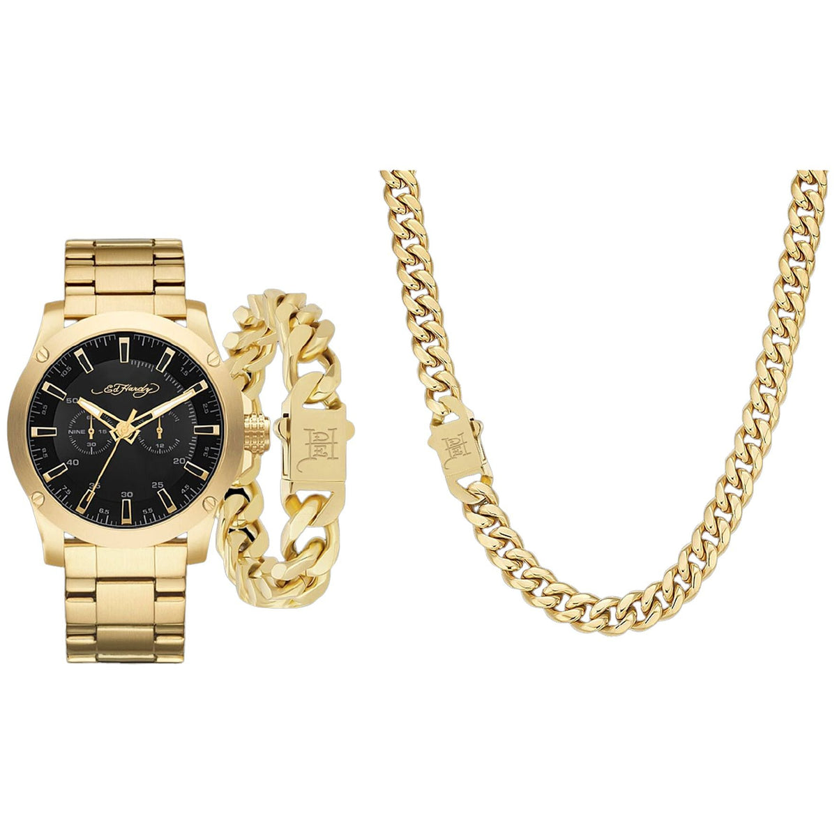 Ed Hardy Men's Shiny Gold Metal Bracelet Watch 46mm Gift Set