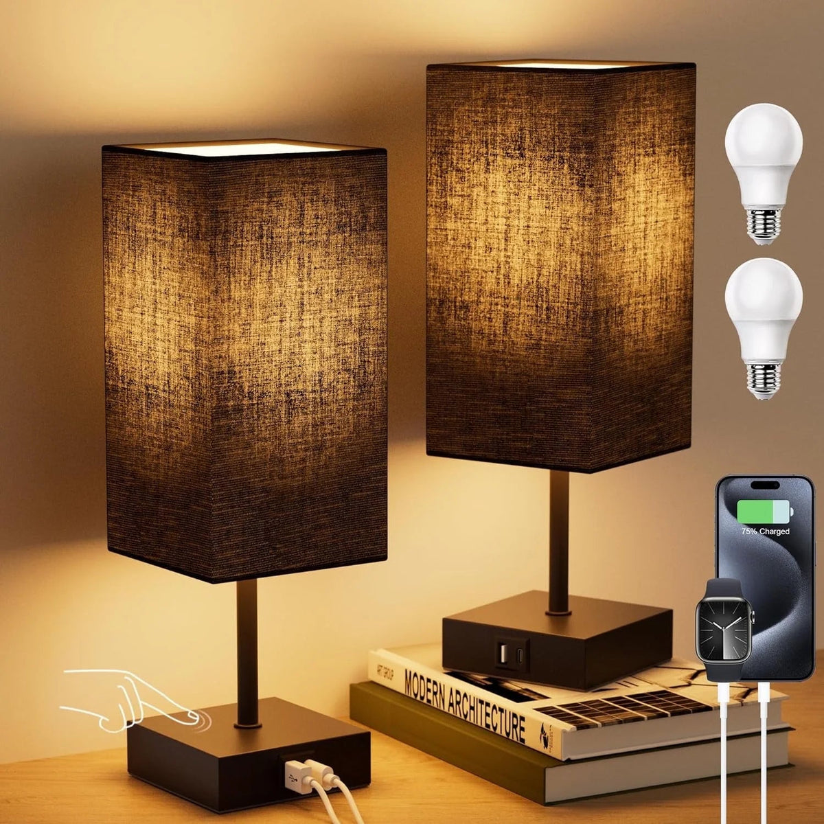 Bedside Table Lamps Set of 2, Touch Bedroom Lamp with USB C+A Charging Ports, 3 Way Dimmable Lamps for Night Stands, LED Bulbs Included